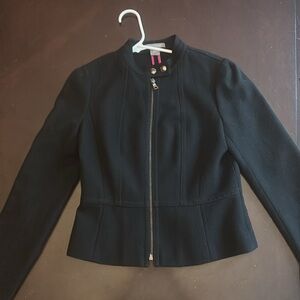 Ann Taylor Jacket Womens 2 Black Full Zip Virgin Wool Woven Moto Blazer Casual